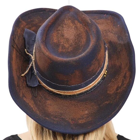 Distressed Vintage Designed Cowboy Cowgirl Hat Western Fedora Hat - Picture 6 of 6